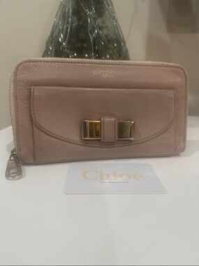 Chloé Blush Pink Leather Zip Long Wallet with Gold Bow